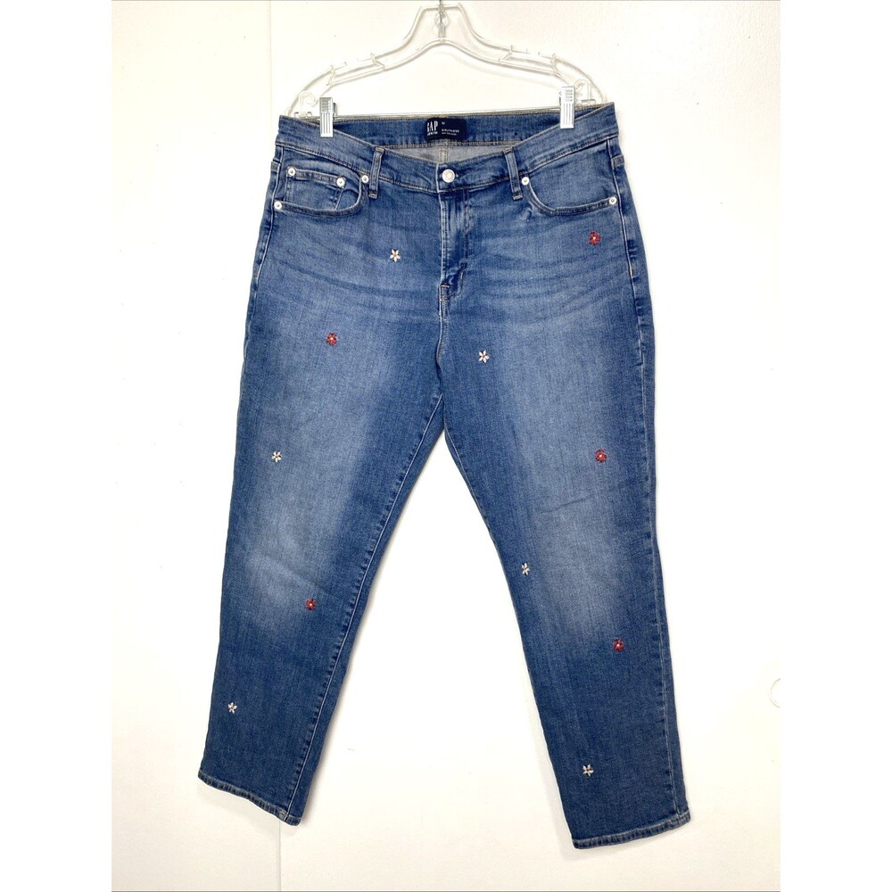 GAP Girlfriend Blue Jeans Size 32 Floral Embroidered Boho Denim Pocket Stretch